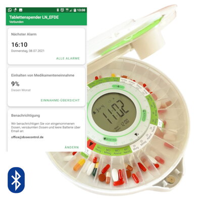 Tablettenbox Smart Automatisch Elektronisch DoseControl | Das neueste Modell 2021 | Weisser Deckel | Deutsche Dosierungsringe | Fernsteuerung und Überwachung über Android App