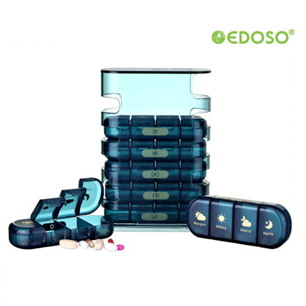 EDOSO Tablettenbox für 7 Tage, 28 Fächer, Turm-Design, Blau - Deutsch