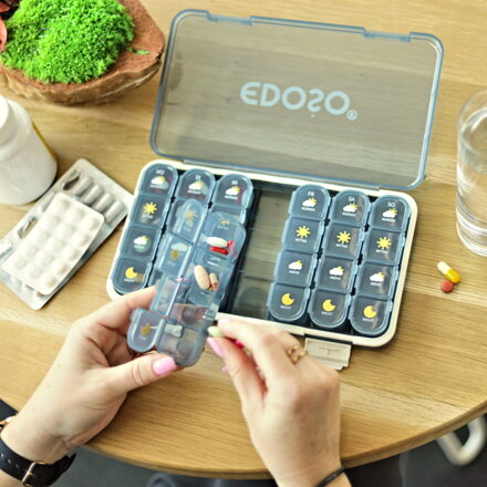 EDOSO Tablettenbox für 7 Tage, 28 Fächer, Tablet-Design, Grau - Deutsch