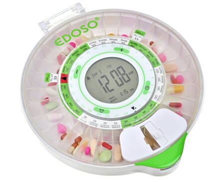 EDOSO Automatische Box für Medikamente Tabletten Ginkgo Biloba Ergänzungsmittel | Bei Vergesslichkeit im Alter oder leichter Demenz | 9 Alarme | Großes Display | Deutsche Ringe | 2 Verschlüsse